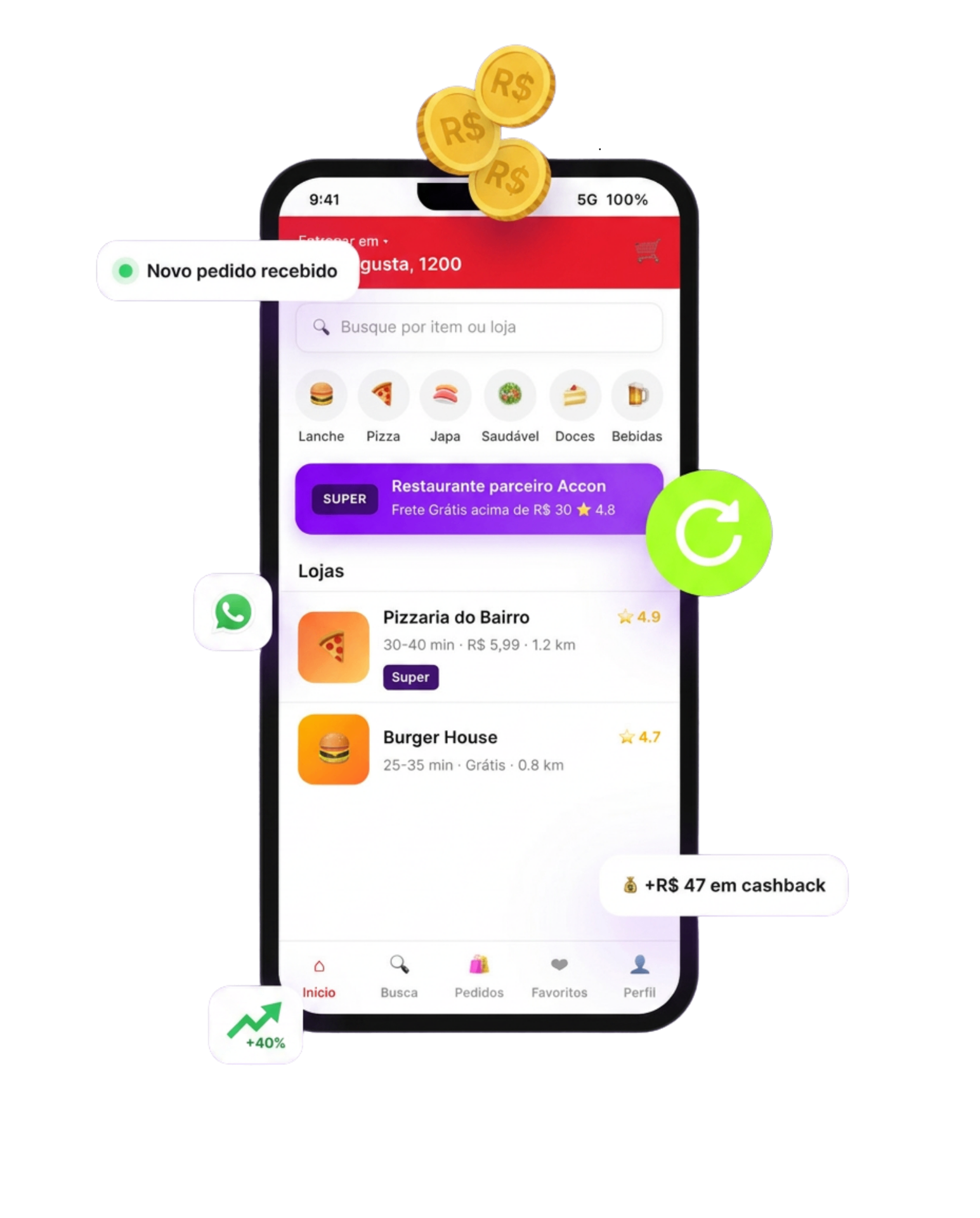 App Accon: pedido recebido, cashback e recompra automática